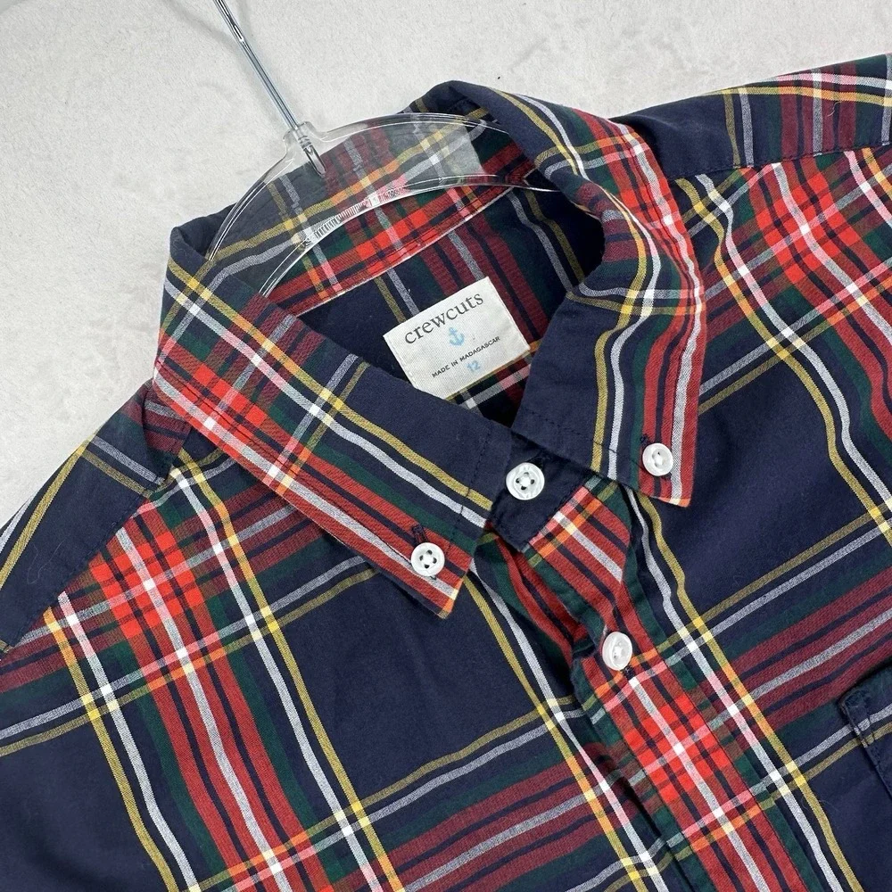 Crewcuts J Crew Button‎ Down Shirt Boys Size 12 Navy Blue Plaid Long Sleeve